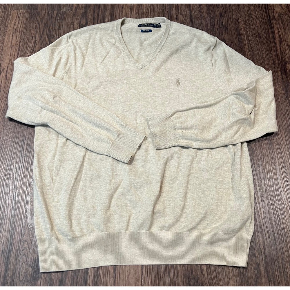 Polo Ralph Lauren Mens Large Pima Cotton V-Neck Sweater Oatmeal Beige Pony Logo